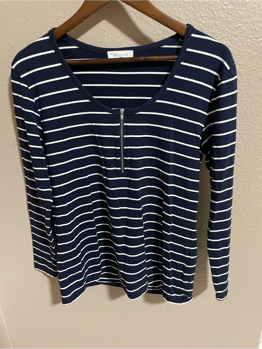 Moolk Navy & White Striped Zip-Front Long Sleeve Top